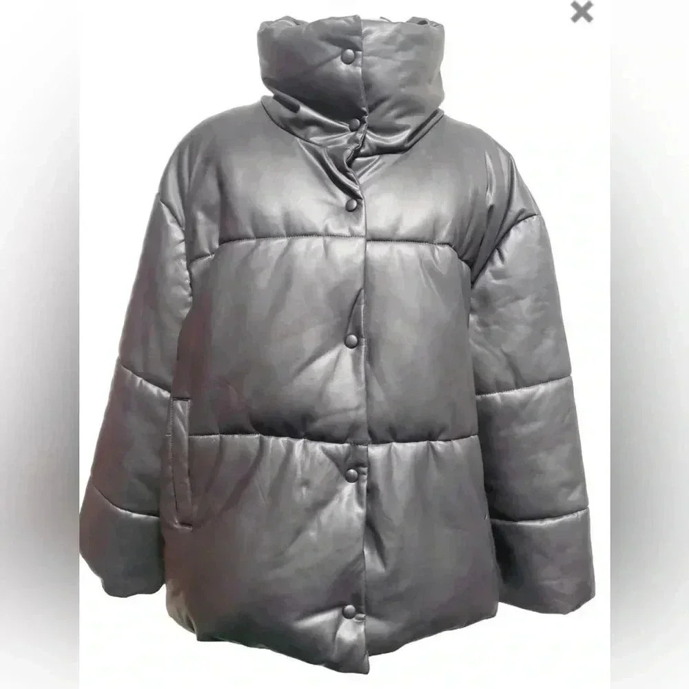 Avec Les Filles Ladies Black Vegan Faux Leather Puffy Hooded Jacket Size XL